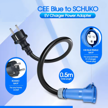 Adaptador de Corriente Para Vehiculos Electricos CEE Azul a Schuko